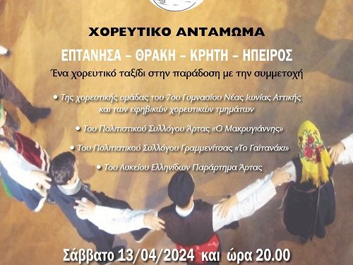 Από το Δήμο Αρταίων, το 7ο Γυμνάσιο Νέας Ιωνίας Αττικής και τους Πολιτιστικούς Συλλόγους «Μακρυγιάννης», Λύκειο Ελληνίδων και Π.Σ. «Το Γαϊτανάκι» Γραμμενίτσας