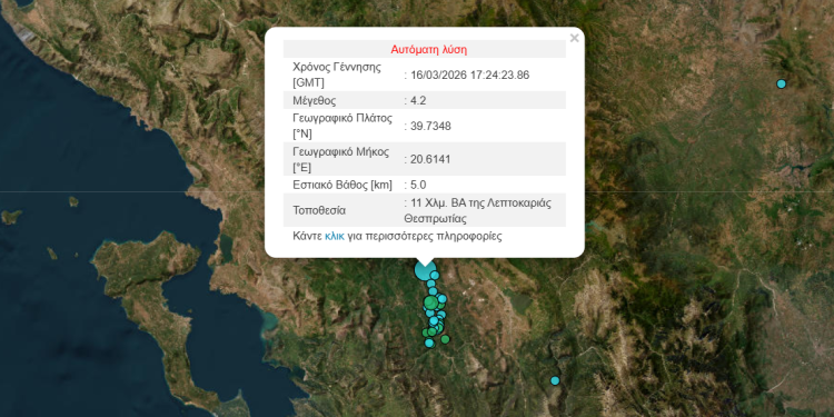 Σεισμική δόνηση εντάσεως 4,2 βαθμών της κλίμακας Ρίχτερ