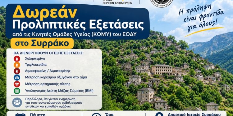 Δωρεάν προληπτικές εξετάσεις από τις ΚΟΜΥ του ΕΟΔΥ στο Συρράκο